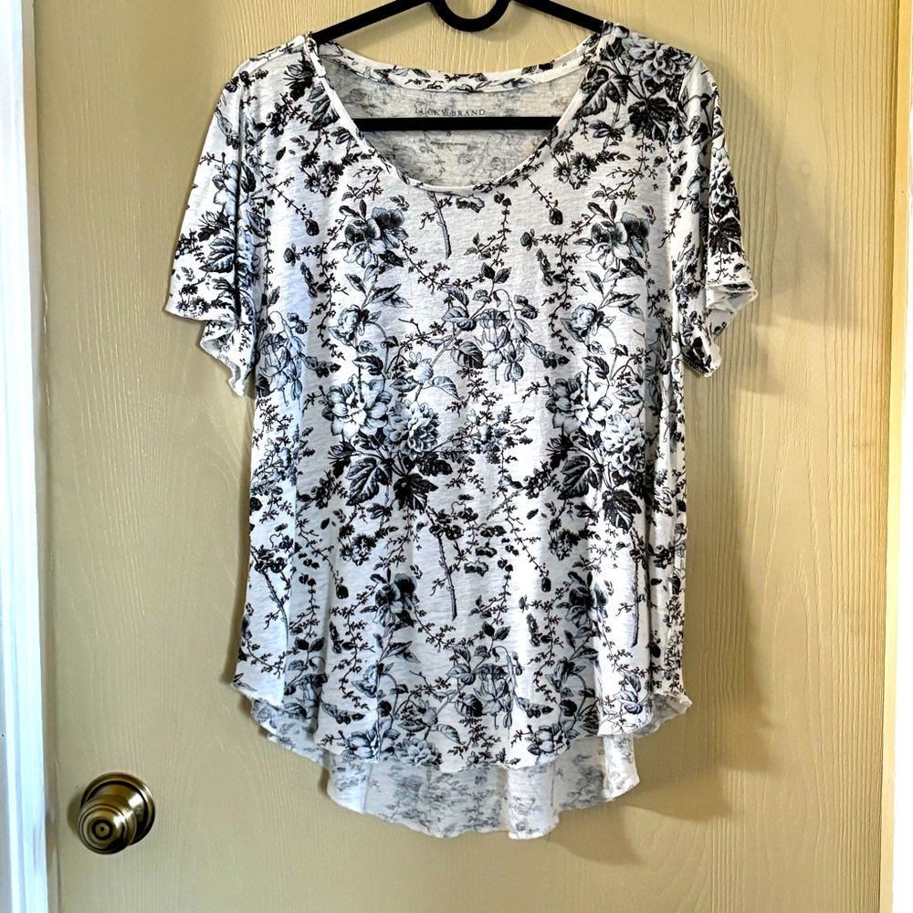 Lucky Brand grey/blue/white floral mixed Linen tshirt size S